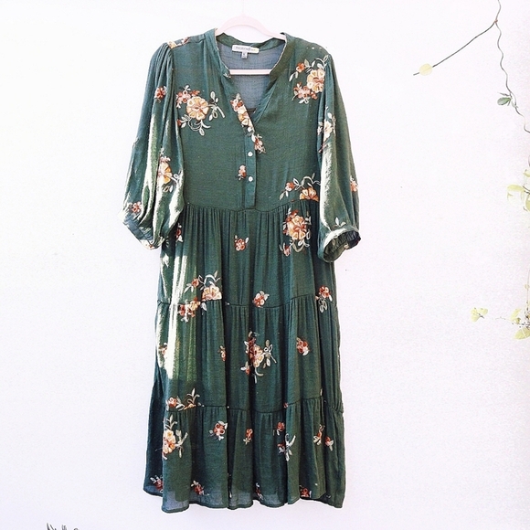 Anthropologie Figueroa & Flower Green Maxi Dress with Embroidery, Boho - Picture 1 of 7